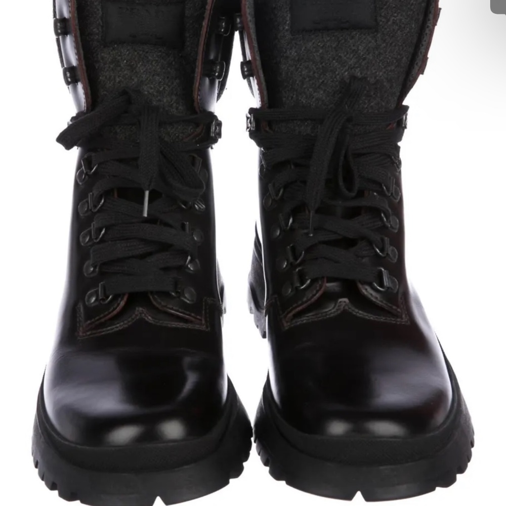 NEW PRADA LEATHER WOOL HIKING BOOT HI TOP HEEL VIBRAM SOLE BLACK UK 7 US MEN 8